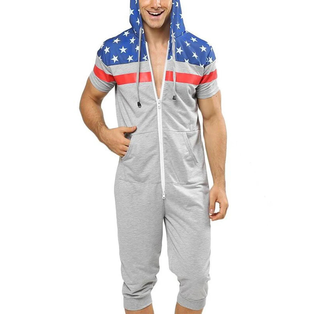 Men Short Sleeve Jumpsuit Sweatshirt Male Hoodies Zipper Overalls Bodysuit Rompers Short Pant Casual Home Wear Tracksuit Pajamas