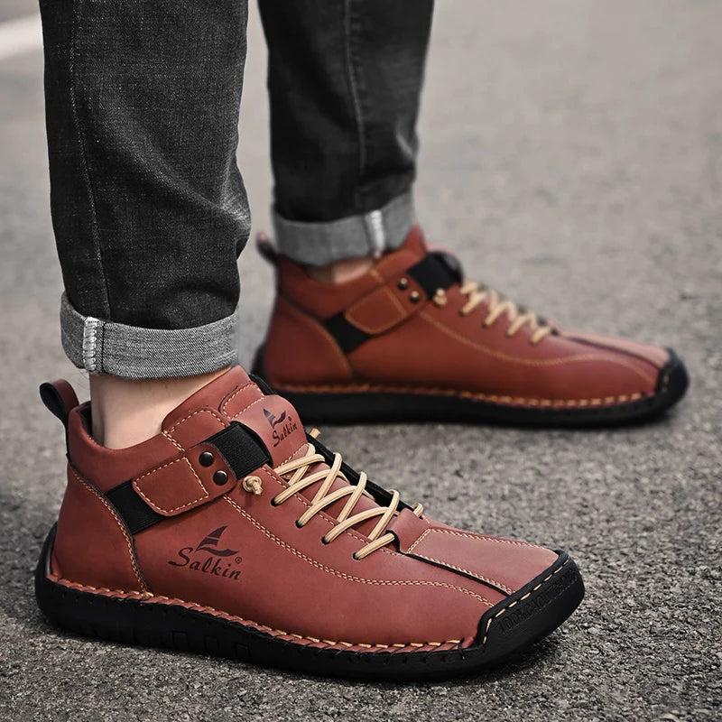 New 2025 Handmade Leather Casual Men Shoes Design Sneakers Man Breathable Leather Shoes Ankle Boots Outdoor Non Slip Walking