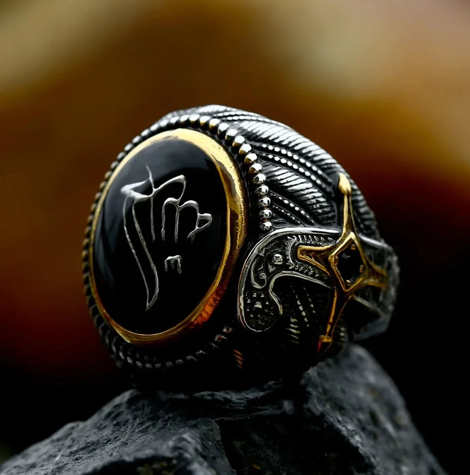 316L Stainless Steel Turkish Signet Ring Zircon Stone Ethnic Style Jewelry Black Size 9