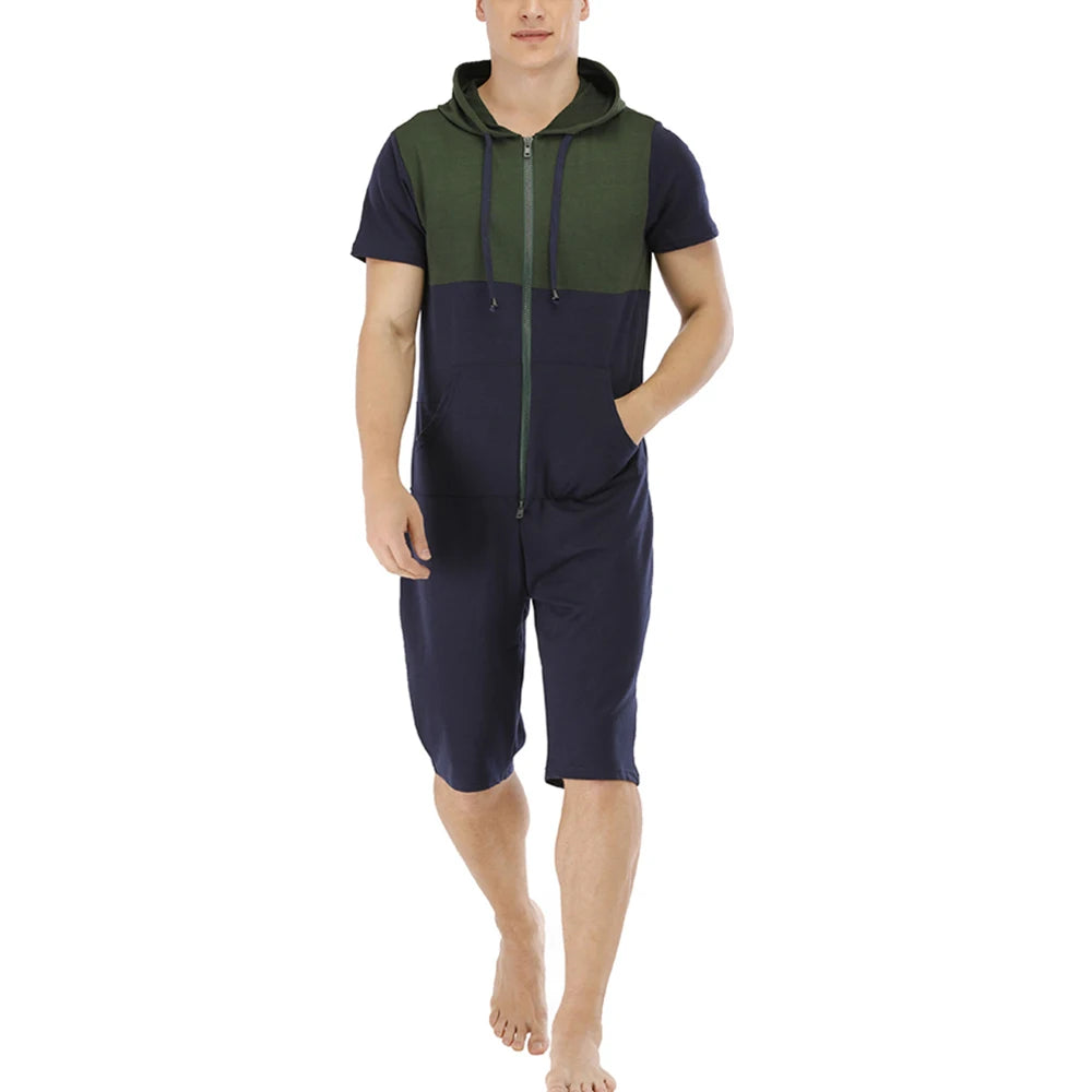 Men Short Sleeve Jumpsuit Sweatshirt Male Hoodies Zipper Overalls Bodysuit Rompers Short Pant Casual Home Wear Tracksuit Pajamas