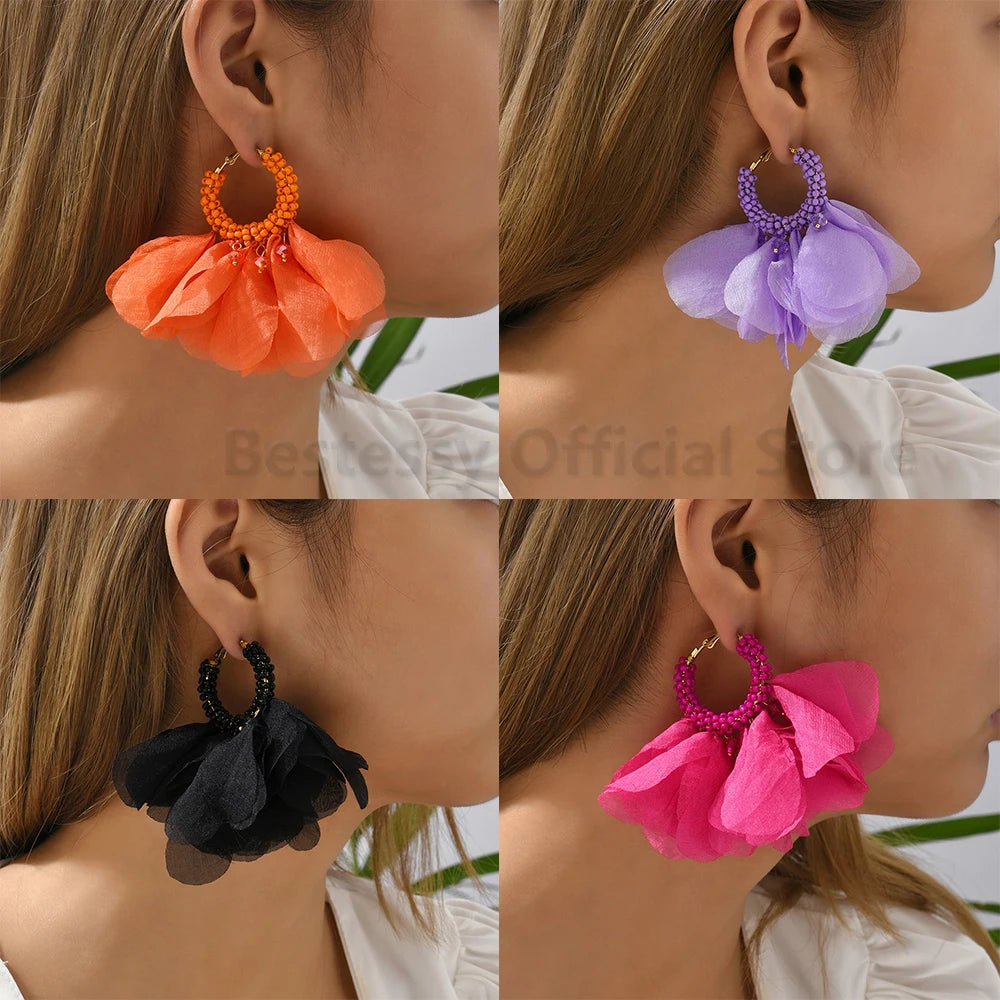 Boho Multicolor Cotton Flower Petal Dangle Earrings For Women Luxury Elegant Handmade Beaded Tassel Ear Pendant Fashion Jewelry