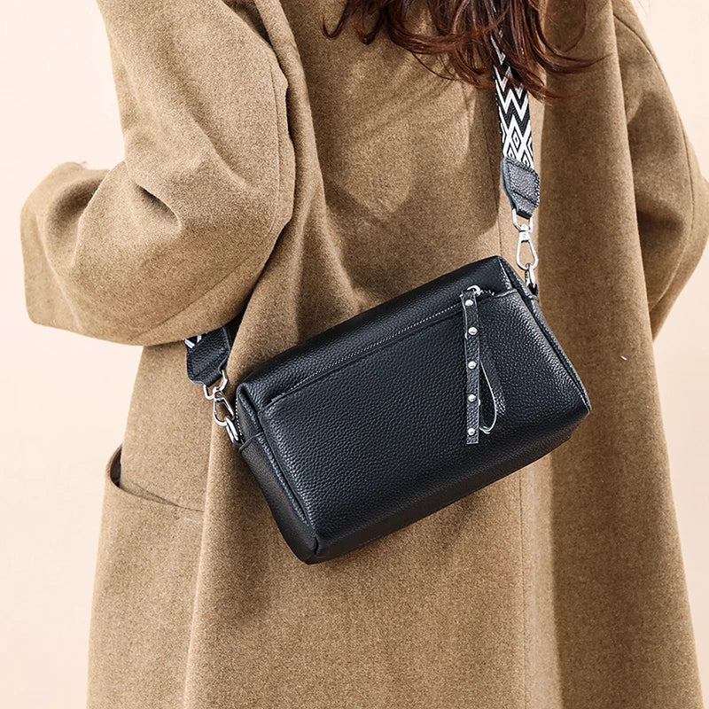 100% Cowhide 3 Layers Crossbody Shoulder Bag Luxury Genuine Leather Messenger Bag Fashion Daily Use For Women Wallet HandBag