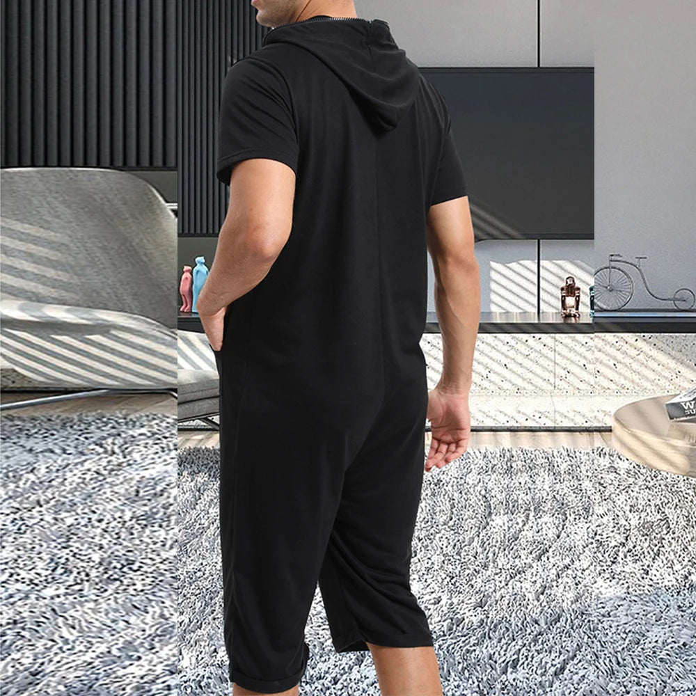 Men Short Sleeve Jumpsuit Sweatshirt Male Hoodies Zipper Overalls Bodysuit Rompers Short Pant Casual Home Wear Tracksuit Pajamas