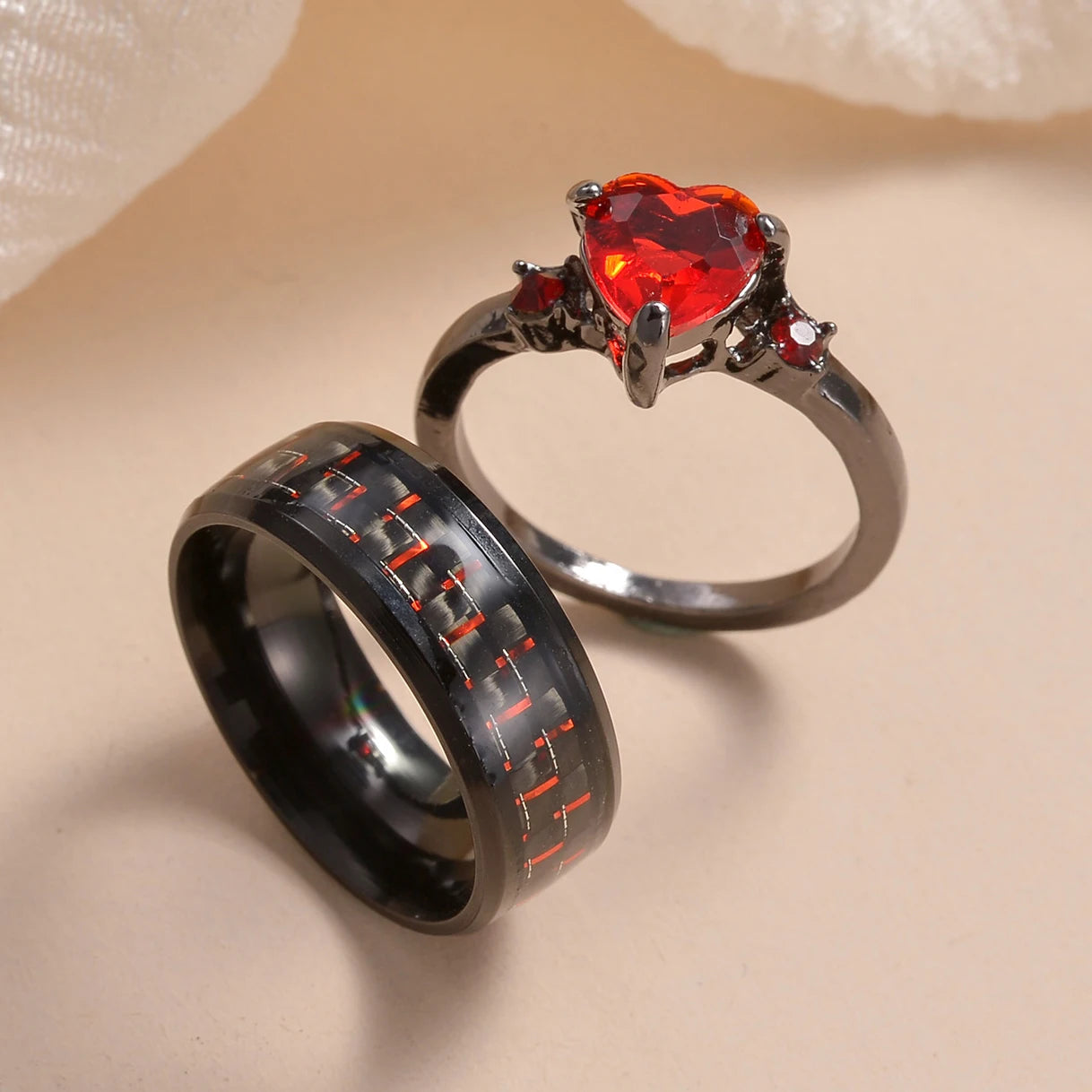 MeMolissa 2pcs Stainless Steel Red Crystal Ring Set For Men Women New Fashion Couple Rings Jewelry Gifts