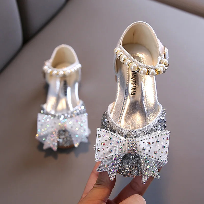 Autumn Summer Kids Leather Shoes Fashion Sequins Pearl Bow Girls Princess Shoes Children Sandals Party Shoes