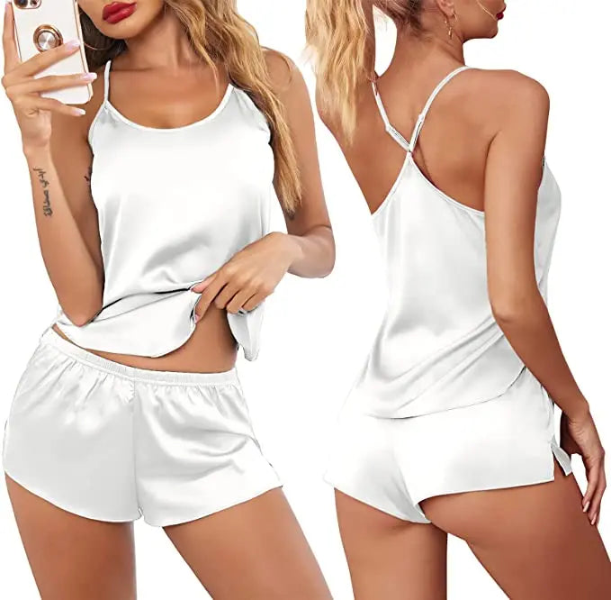 Women's Sleepwear Sexy Lace Satin Pajama Sets Nightwear Sleeveless Tops+Shorts 2 Pcs Sets Pyjama Sets For Women Pijama