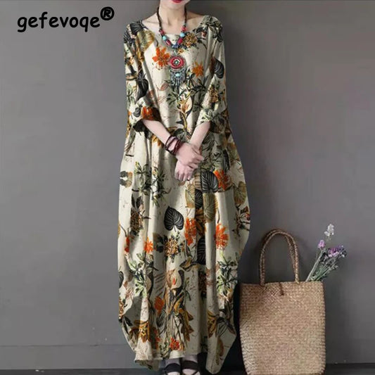 Vintage Floral Printed Ethnic Style Cotton Linen Oversized Maxi Dress Women Casual Irregular Half Sleeve Streetwear Dresses Robe