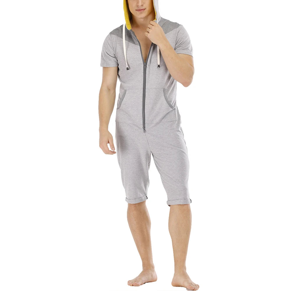 Men Short Sleeve Jumpsuit Sweatshirt Male Hoodies Zipper Overalls Bodysuit Rompers Short Pant Casual Home Wear Tracksuit Pajamas