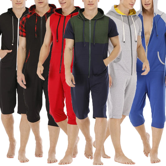 Men Short Sleeve Jumpsuit Sweatshirt Male Hoodies Zipper Overalls Bodysuit Rompers Short Pant Casual Home Wear Tracksuit Pajamas