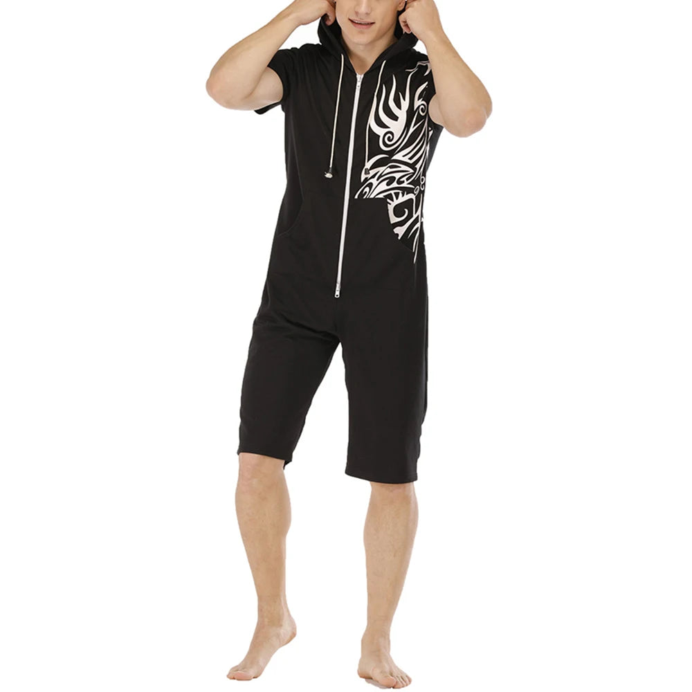 Men Short Sleeve Jumpsuit Sweatshirt Male Hoodies Zipper Overalls Bodysuit Rompers Short Pant Casual Home Wear Tracksuit Pajamas