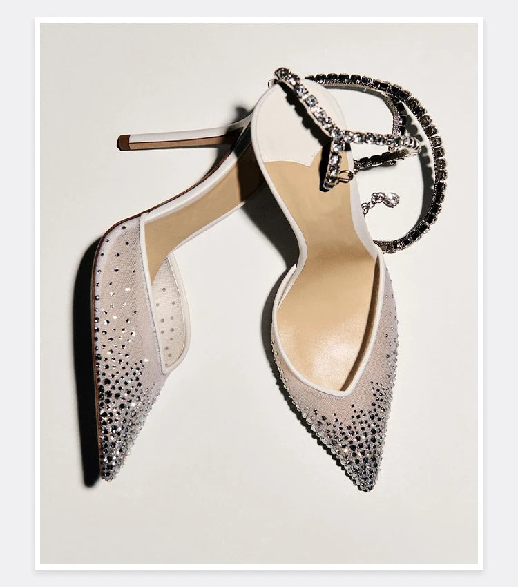 2025 New Mesh Hot Drilled Sexy Versatile Pointed Shallow Mouth Water Diamond Chain High Heels Baotou Sandals for Women