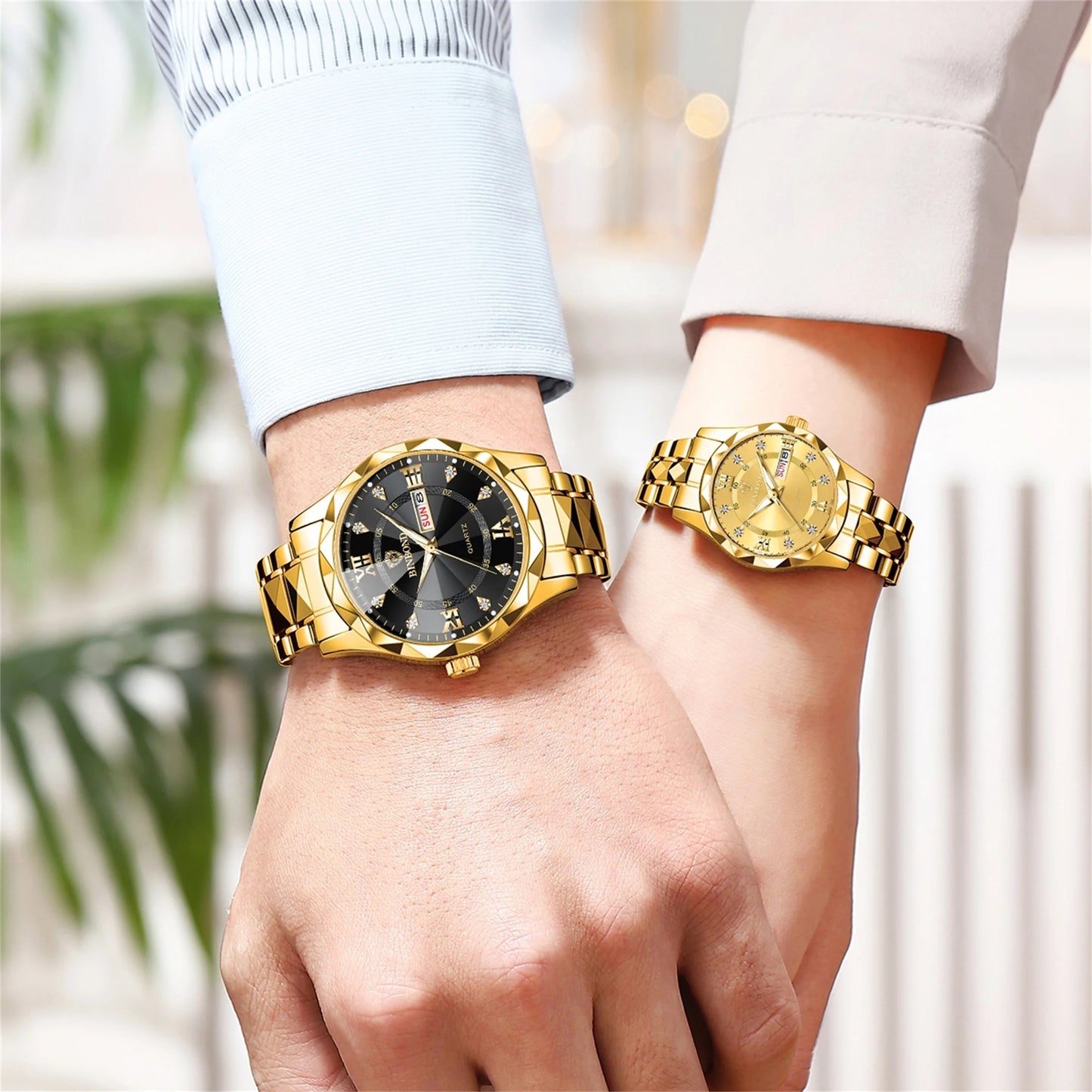 2pcs/set Authentic Luxury Couple Watch Golden Stainless Steel Lovers Quartz Wrist Watches For Women Men Analog Wristwatch 2521