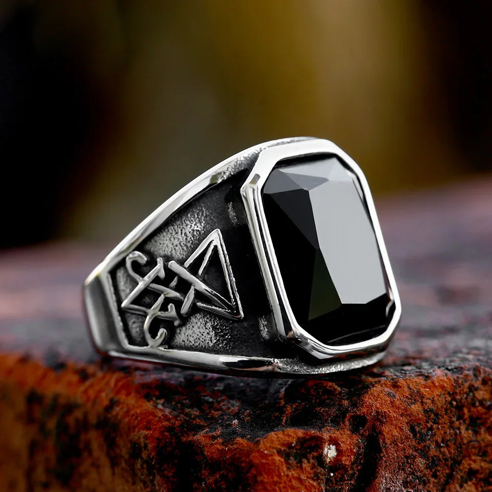 2024 New Updated Design Lucifer Satan Signet Ring For Men With Black Stone Stainless Steel Vintage Jewelry Gift Wholesale