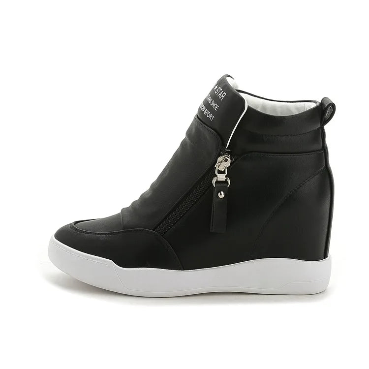 Women Casual Sneakers White PU Platform Shoes Ladies Wedge Sports Shoe Fashion Woman Black Chunky Side Zipper Vulcanized Shoes