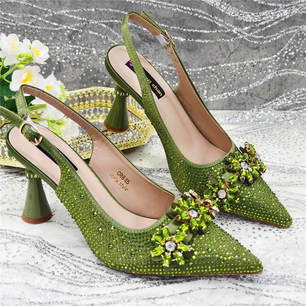 Popularity Pointed Toe High Heels Shoes and Bags Set With Rhinestone for Women Wedding Party Elegant Luxury Fashion