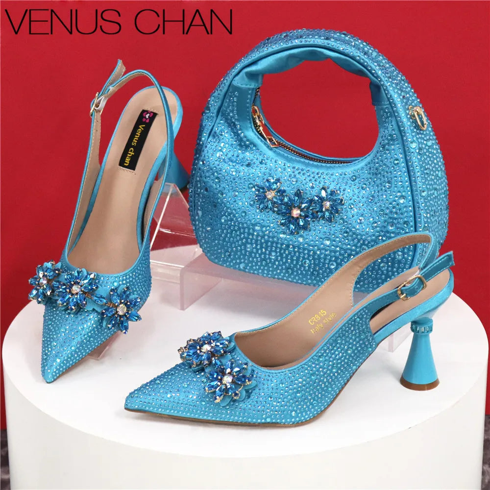 Popularity Pointed Toe High Heels Shoes and Bags Set With Rhinestone for Women Wedding Party Elegant Luxury Fashion