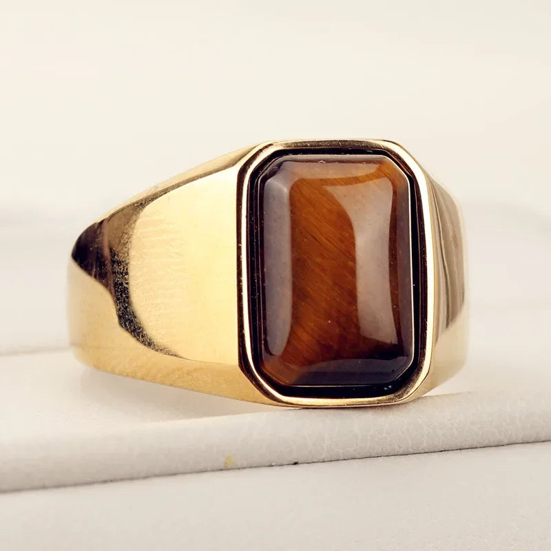 Natural Gemstone Tiger Eye Signet Ring Stainless Steel Waterproof Handmade Jewellery Rings for Men Women Father Boyfriend Gift