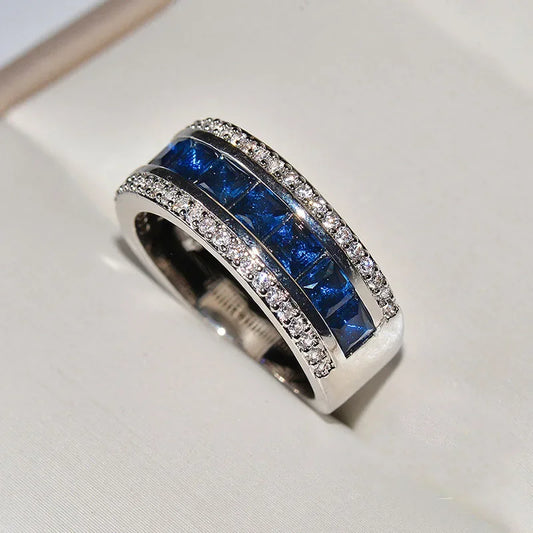 Authentic 925 Sterling Silver Finger Ring With Round Blue Square Cubic Zirconia Crystal Wide Ring For Women Wedding Jewelry