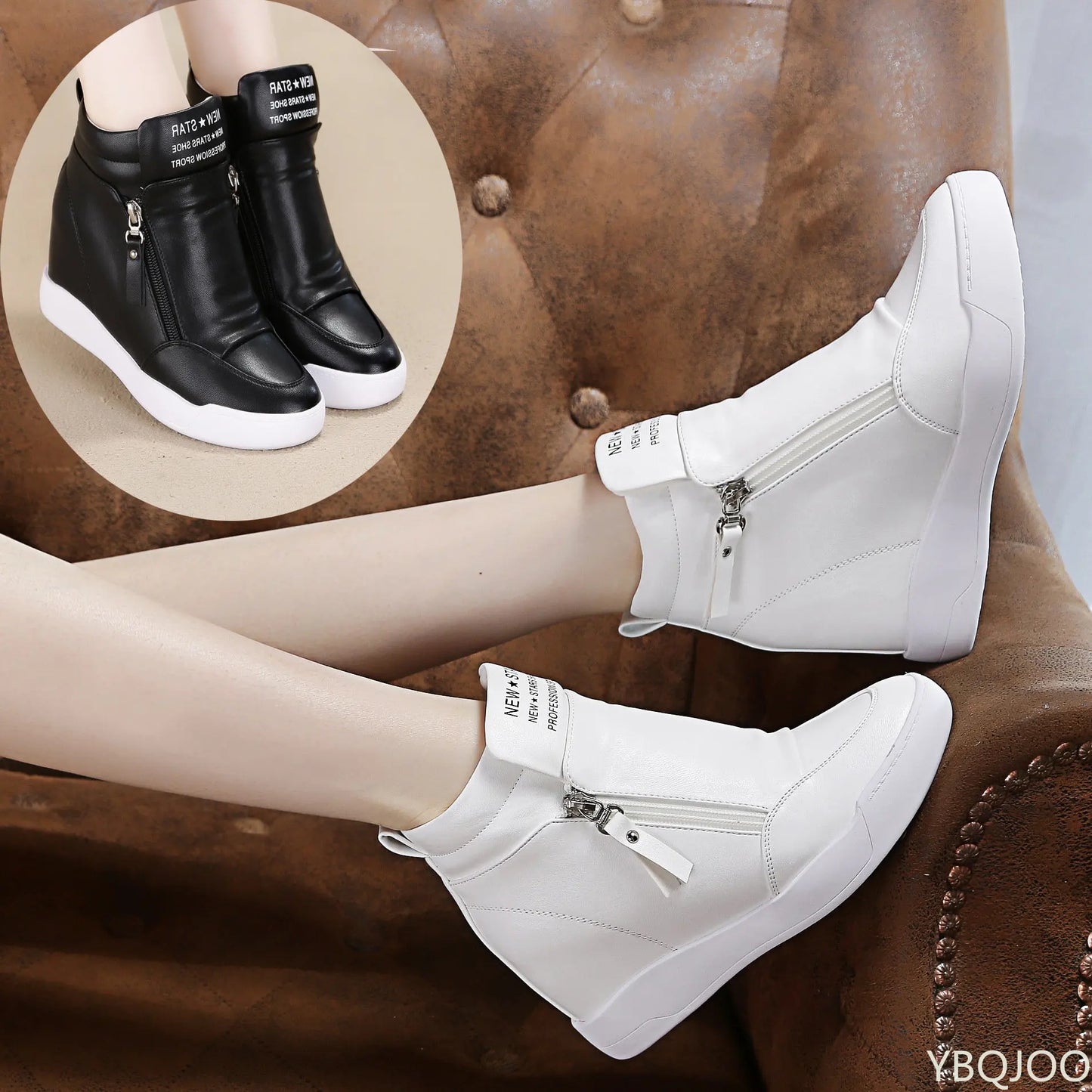Women Casual Sneakers White PU Platform Shoes Ladies Wedge Sports Shoe Fashion Woman Black Chunky Side Zipper Vulcanized Shoes
