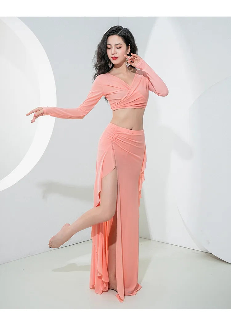 Women Oriental Dance Costume Dress 2 Piece Gauze Top Side Split Long Skirt Professional Dancer Performance Training Outfit New