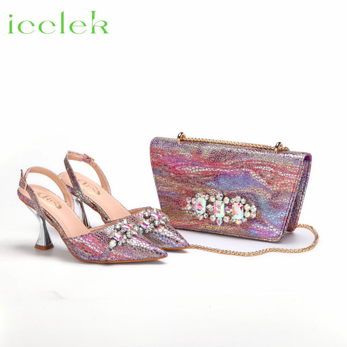High Heels Shoes for Women Fashion Embroidery Rhinestone Italian Design Gold Color Pointed Toe Shoes and Bags Set