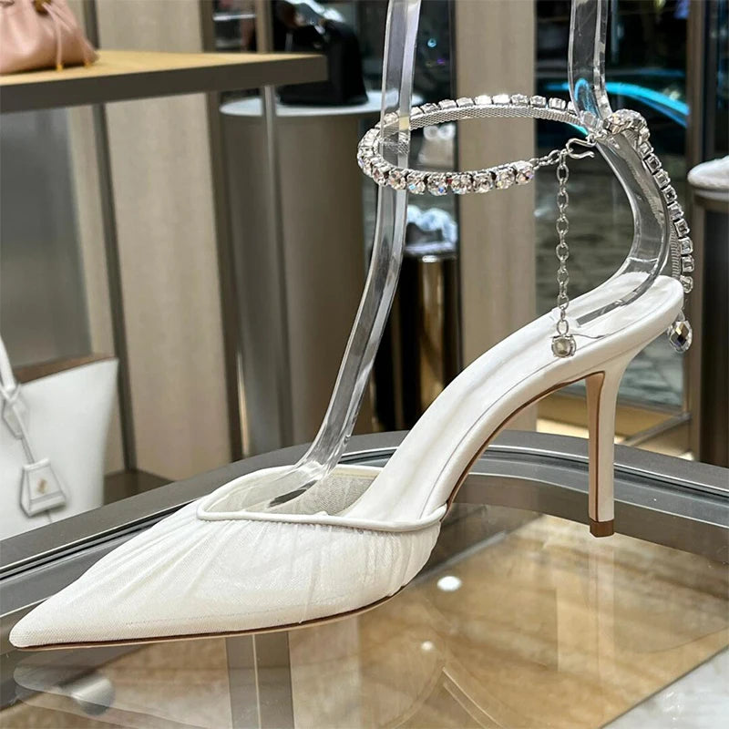 2025 New Mesh Hot Drilled Sexy Versatile Pointed Shallow Mouth Water Diamond Chain High Heels Baotou Sandals for Women