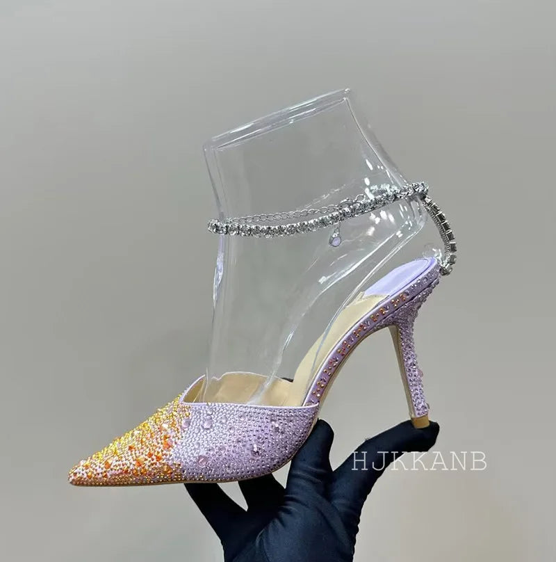 Pointed Toe Thin High Heel Pumps Women Ankle Strap Crystal Single Shoes Bling Rhinestone Sandals Sexy Spring Party Dress Shoes