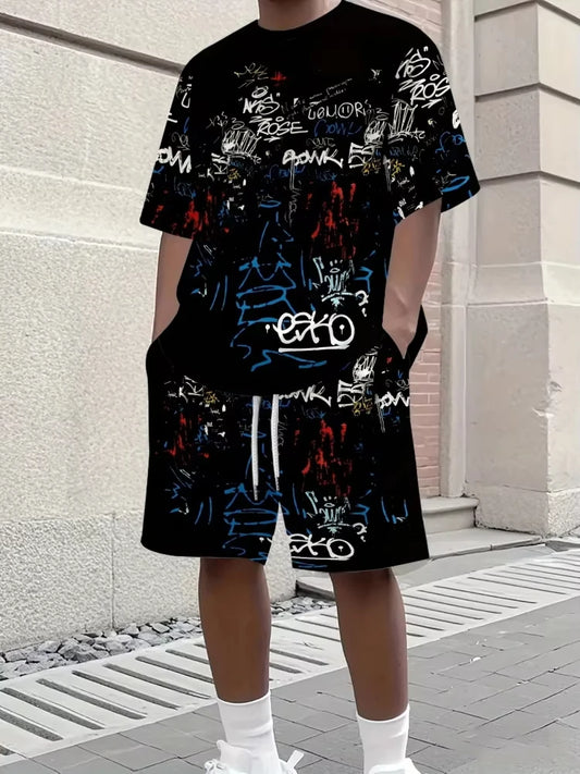 2025 Men's Short Sleeve Suit Creative Graffiti Print Outdoor Street Fashion Short Sleeve Top Shorts Casual T-shirt Two-Piece Set