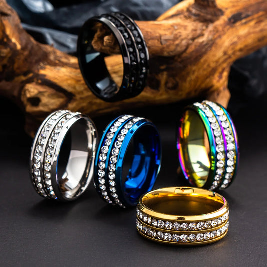 Hot Selling Stainless Steel Couple New Fashion Double Row Drilling Ring For Women Men Jewelry Valentine's Day Gifts Size 5-13