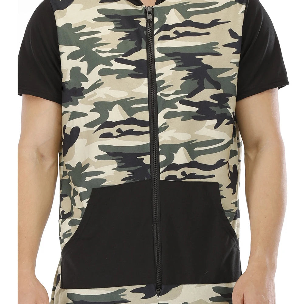 Men Short Sleeve Jumpsuit Sweatshirt Male Hoodies Zipper Overalls Bodysuit Rompers Short Pant Casual Home Wear Tracksuit Pajamas