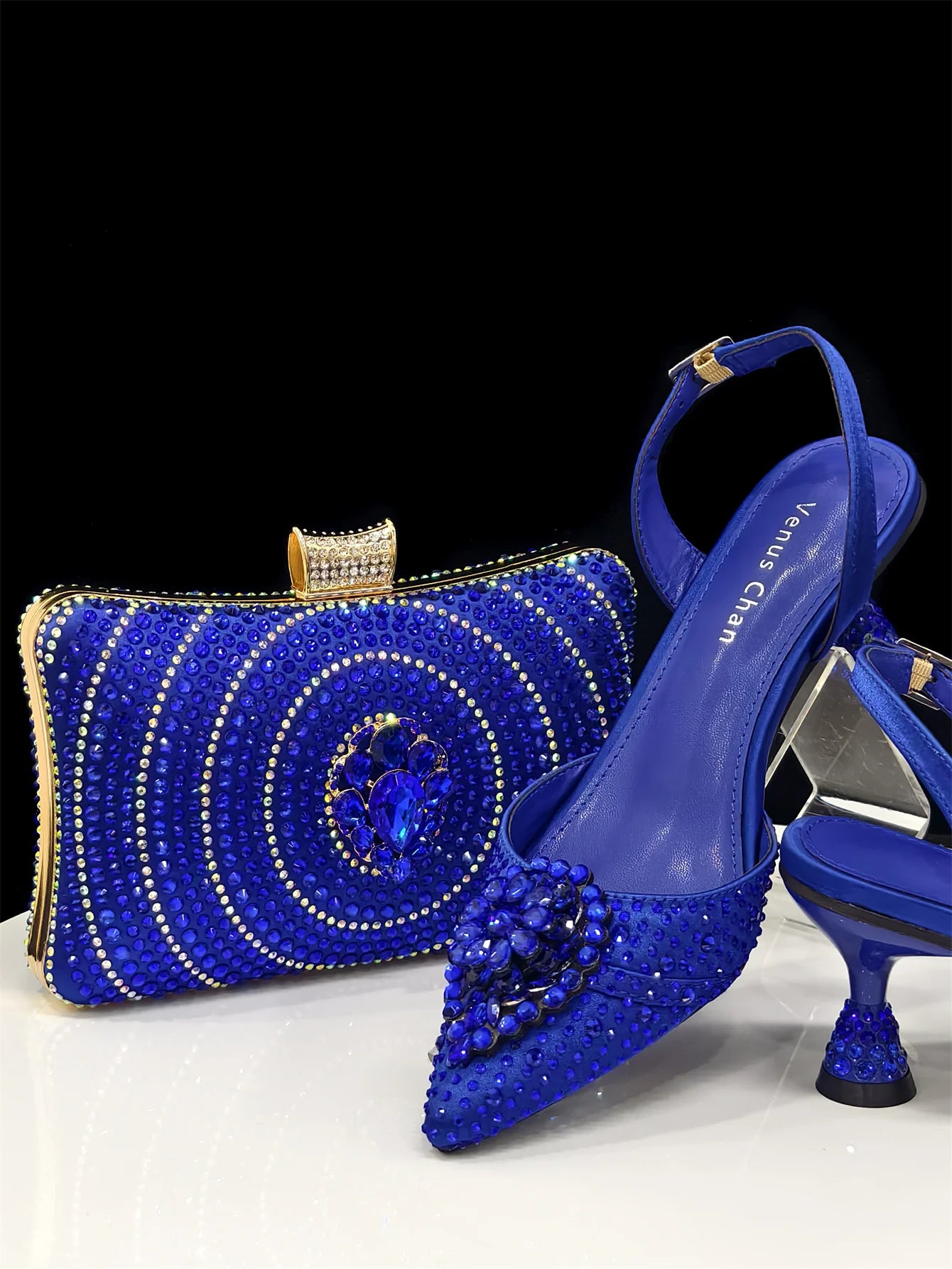 Pointed Toe High Heels Sandals for Women 2025 Elegant Blue Diamond Pumps Italian Shoes and Bags Matching Set