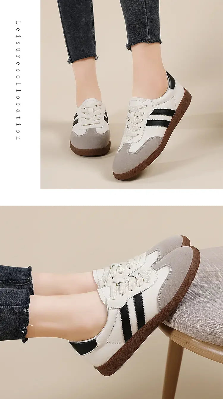 2024 Flat Luxury Shoes Women Autumn New Classic Ladies Sneakers Women Leather Retro Low Cut Lace -up Casual Round Toe Grey White