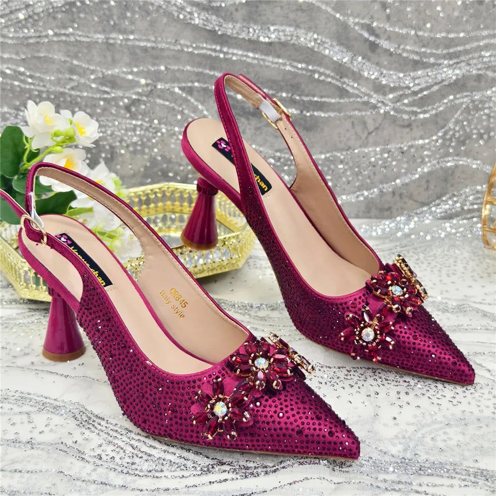 Popularity Pointed Toe High Heels Shoes and Bags Set With Rhinestone for Women Wedding Party Elegant Luxury Fashion