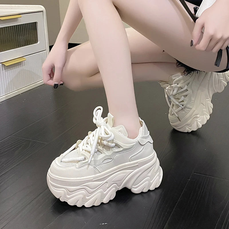 Hidden Heels White Chunky Sneakers Women Breathable Lace Up High Platform Shoes Woman 2025 Autumn Non-Slip Thick Bottom Sneakers