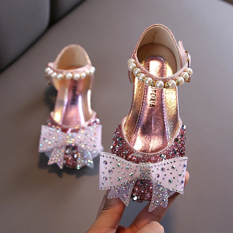 Autumn Summer Kids Leather Shoes Fashion Sequins Pearl Bow Girls Princess Shoes Children Sandals Party Shoes