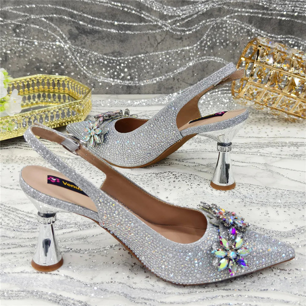 Popularity Pointed Toe High Heels Shoes and Bags Set With Rhinestone for Women Wedding Party Elegant Luxury Fashion