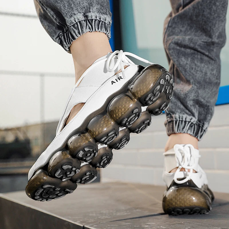 New popcorn cushioned soft sole coconut shoes low top casual sports shoes men's leather summer hollow fashion sandals