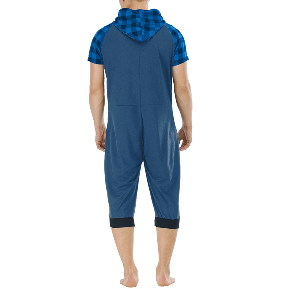 Men Short Sleeve Jumpsuit Sweatshirt Male Hoodies Zipper Overalls Bodysuit Rompers Short Pant Casual Home Wear Tracksuit Pajamas