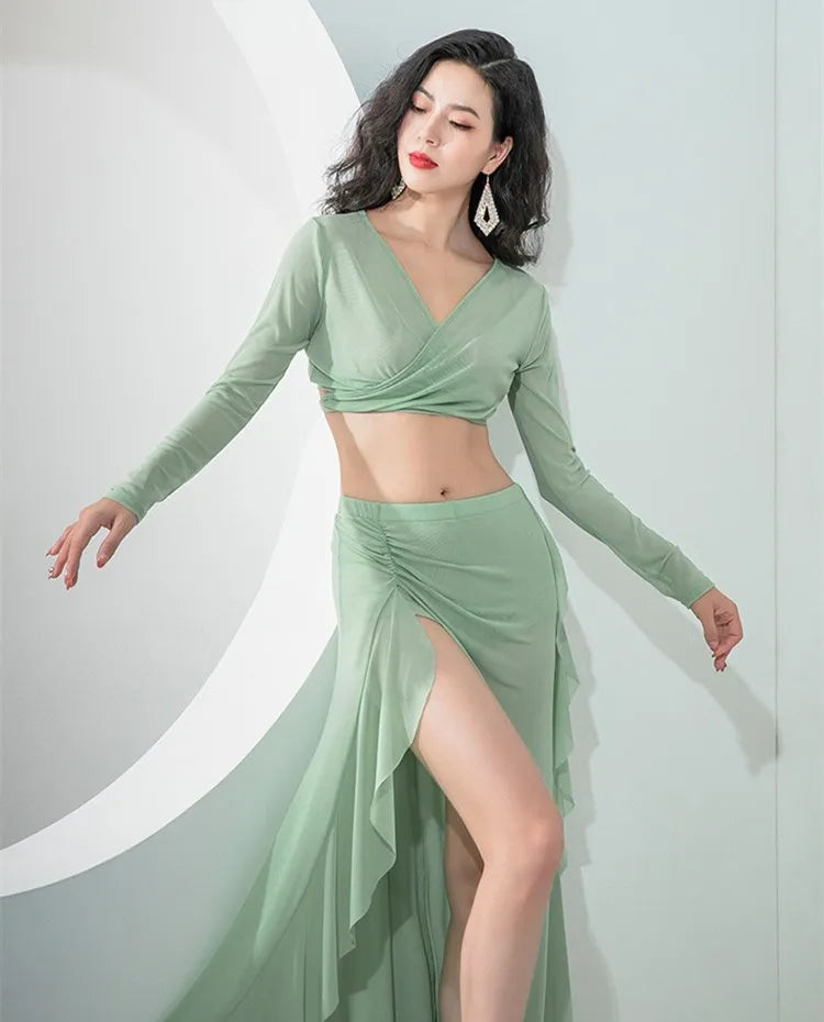 Women Oriental Dance Costume Dress 2 Piece Gauze Top Side Split Long Skirt Professional Dancer Performance Training Outfit New