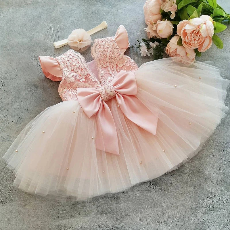 Toddler Baby Sequin Party Dresses Baptism Wedding 1 Year Birthday Bow Princess Dress For Baby Girl Tulle Bridemaid Gown Vestidos
