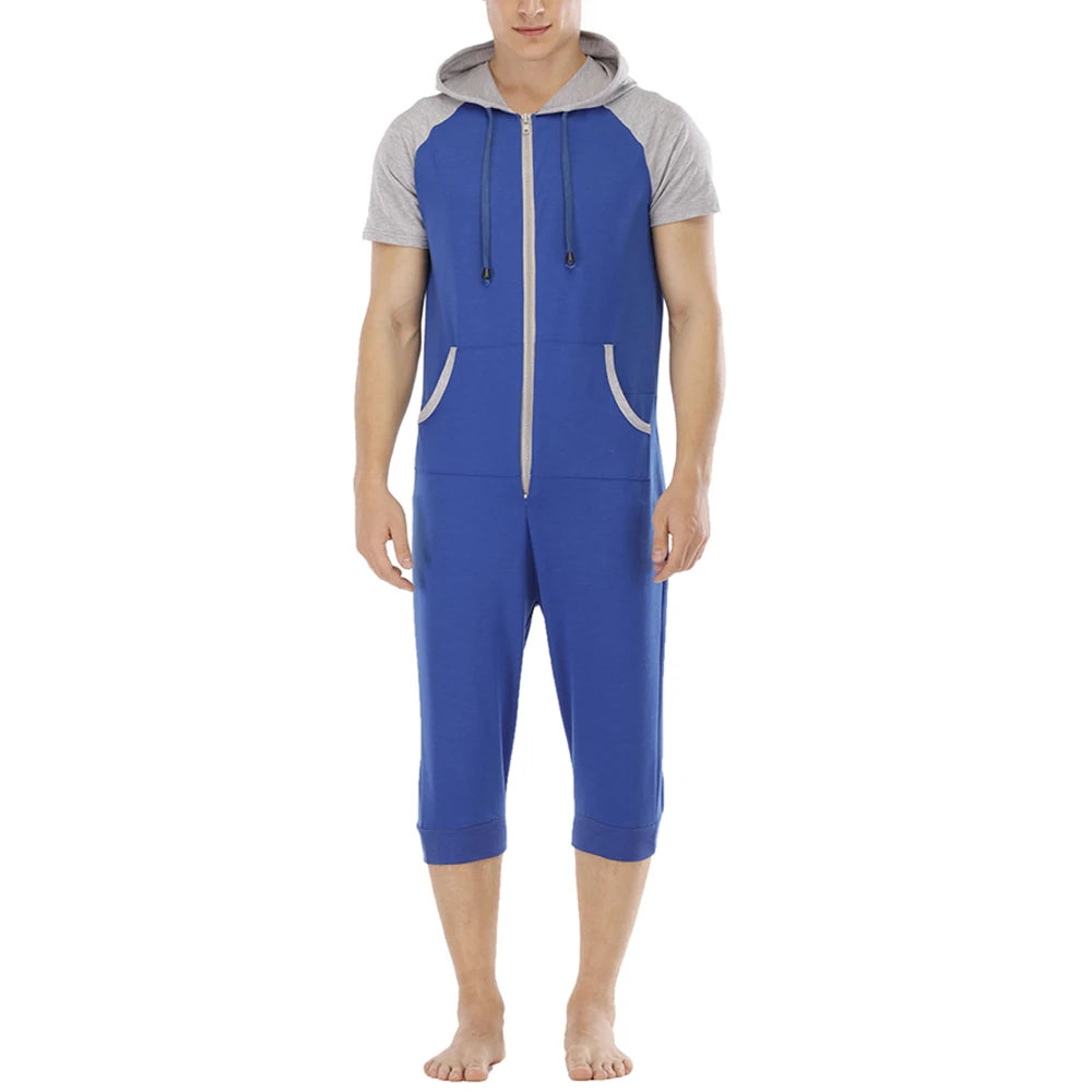 Men Short Sleeve Jumpsuit Sweatshirt Male Hoodies Zipper Overalls Bodysuit Rompers Short Pant Casual Home Wear Tracksuit Pajamas