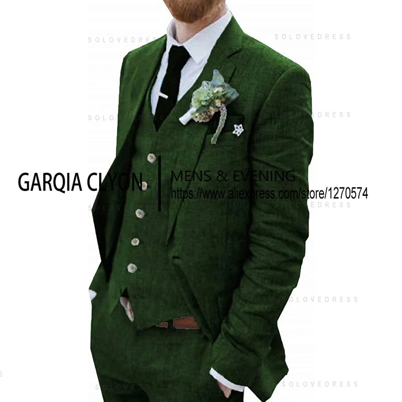3 Piece Men's Retro Linen Men Suit Beach Wedding Suit Summer Slim Fit Linen Suit Groomsmen For Wedding(Blazer+Vest+Pants)