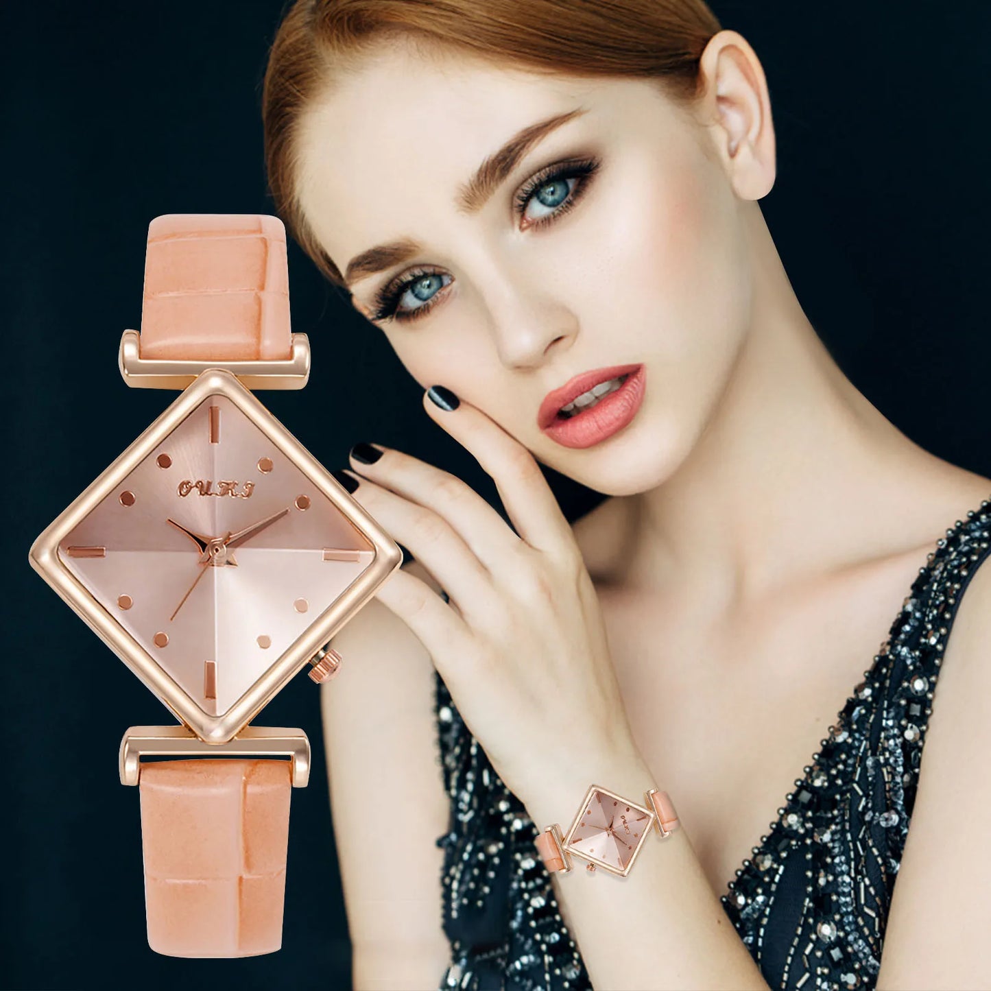 Women'S Casual Square Watch Diamond Glass Sugar Leather Band Simple Scale Luxury Quality Ladies Fashion Quartz Watch