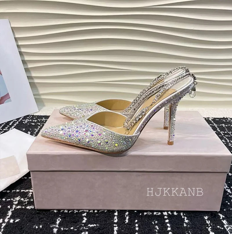 Pointed Toe Thin High Heel Pumps Women Ankle Strap Crystal Single Shoes Bling Rhinestone Sandals Sexy Spring Party Dress Shoes