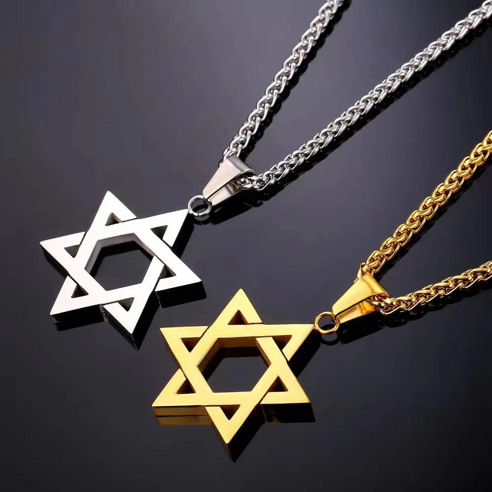Stainless Steel Simple Star of David Six-Pointed Star Pendant Necklace for Men and Women Fashionable Jewish Religious Trend Jewe