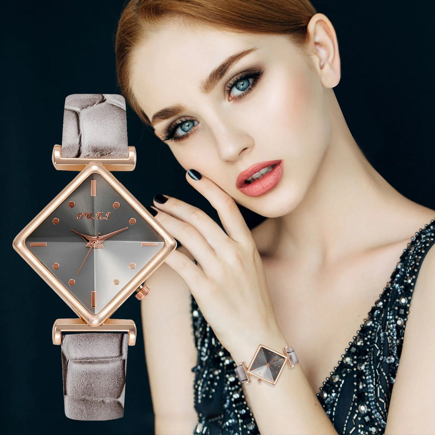 Women'S Casual Square Watch Diamond Glass Sugar Leather Band Simple Scale Luxury Quality Ladies Fashion Quartz Watch