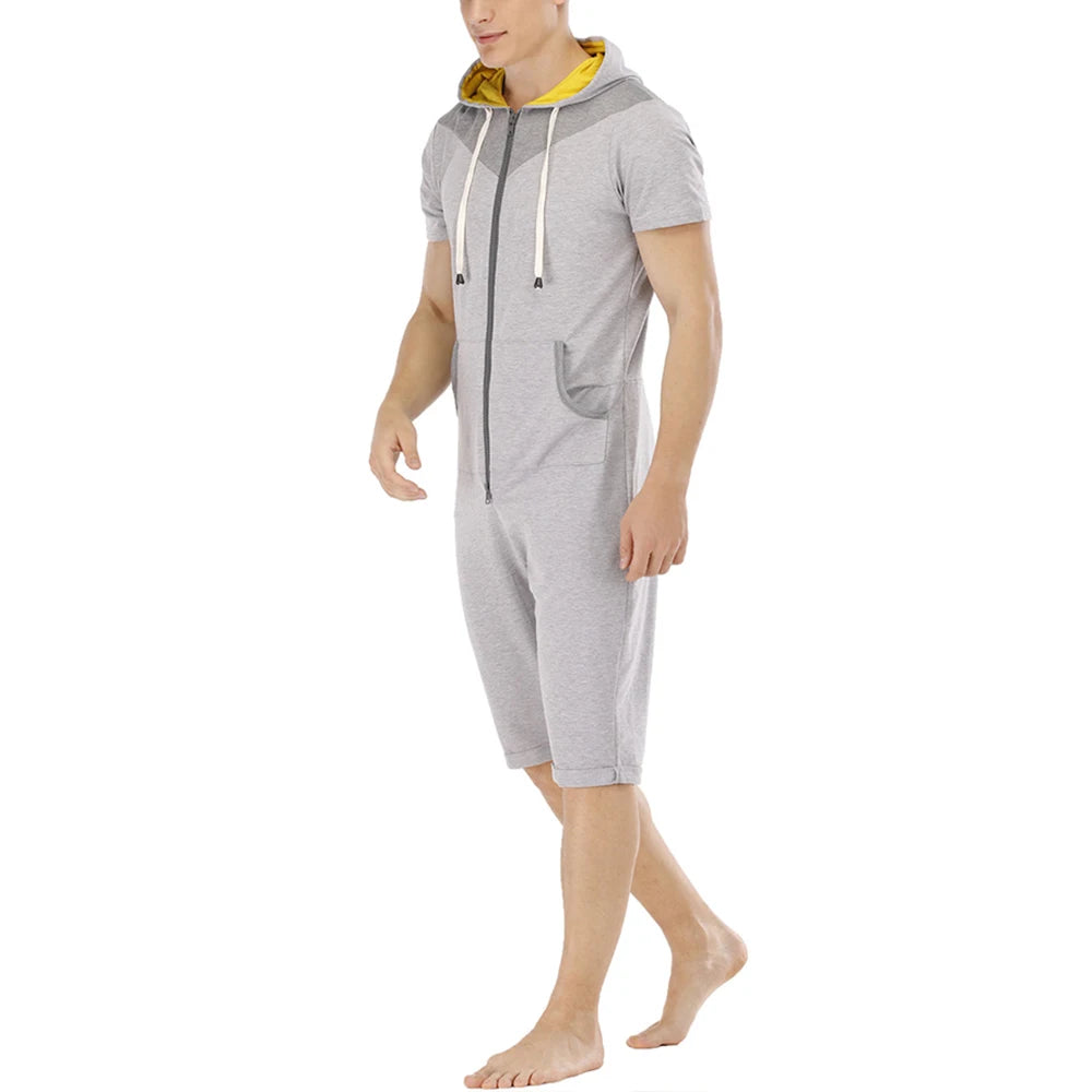Men Short Sleeve Jumpsuit Sweatshirt Male Hoodies Zipper Overalls Bodysuit Rompers Short Pant Casual Home Wear Tracksuit Pajamas