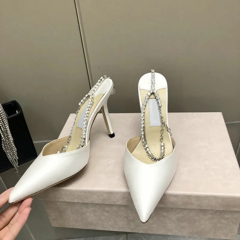 2025 Crystal Pendant White Wedding Shoes Bridesmaid Shoes One-Line Sandals Rhinestone Pointed Stiletto Satin Sexy Party Pumps