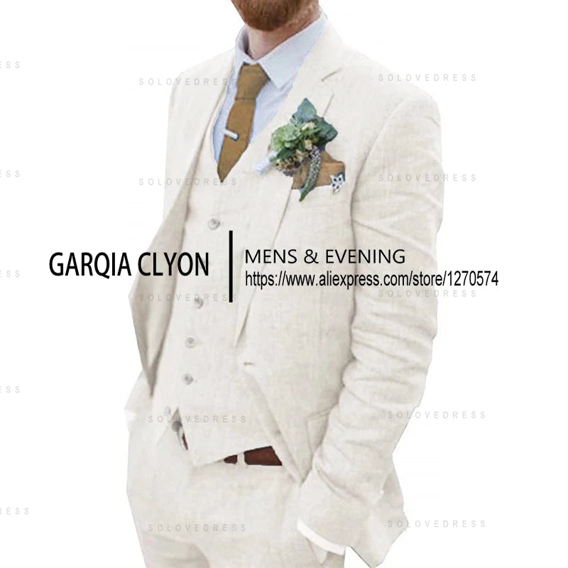 3 Piece Men's Retro Linen Men Suit Beach Wedding Suit Summer Slim Fit Linen Suit Groomsmen For Wedding(Blazer+Vest+Pants)