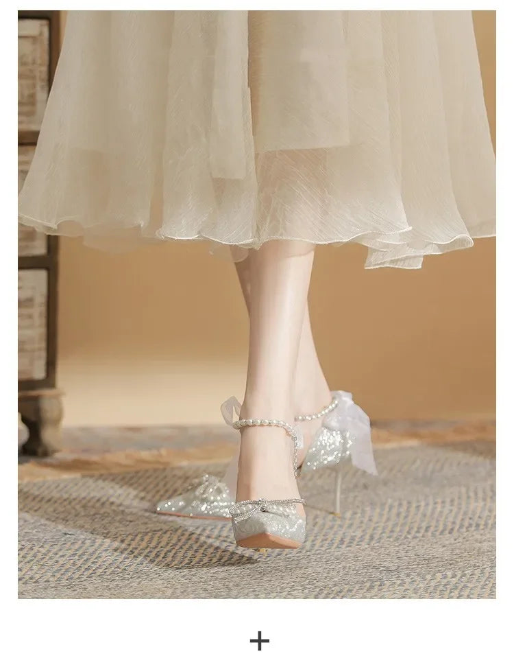 Women High Heeled Sandals Summer Fashion Bow Pearl Woman Pointed Toe Pumps Elegant Woman Sandals Party Lady Shoes